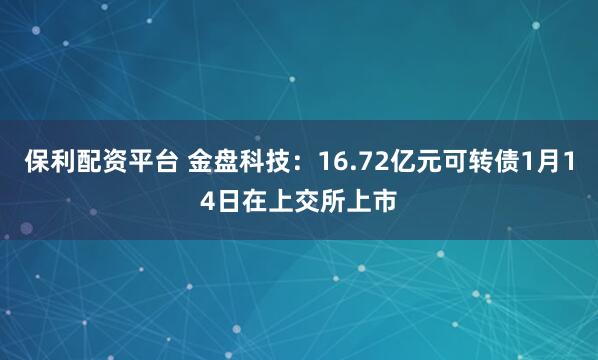 保利配资平台 金盘科技：16.72亿元可转债1月14日在上交所上市
